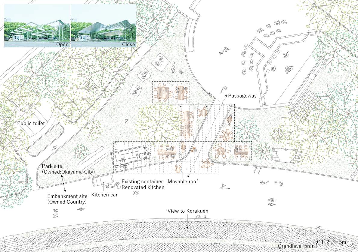 公園裡的樹木繁盛，因此我們讓不同高度和大小的頂棚漂浮在空中，在這片綠色美景周圍打造座位區。