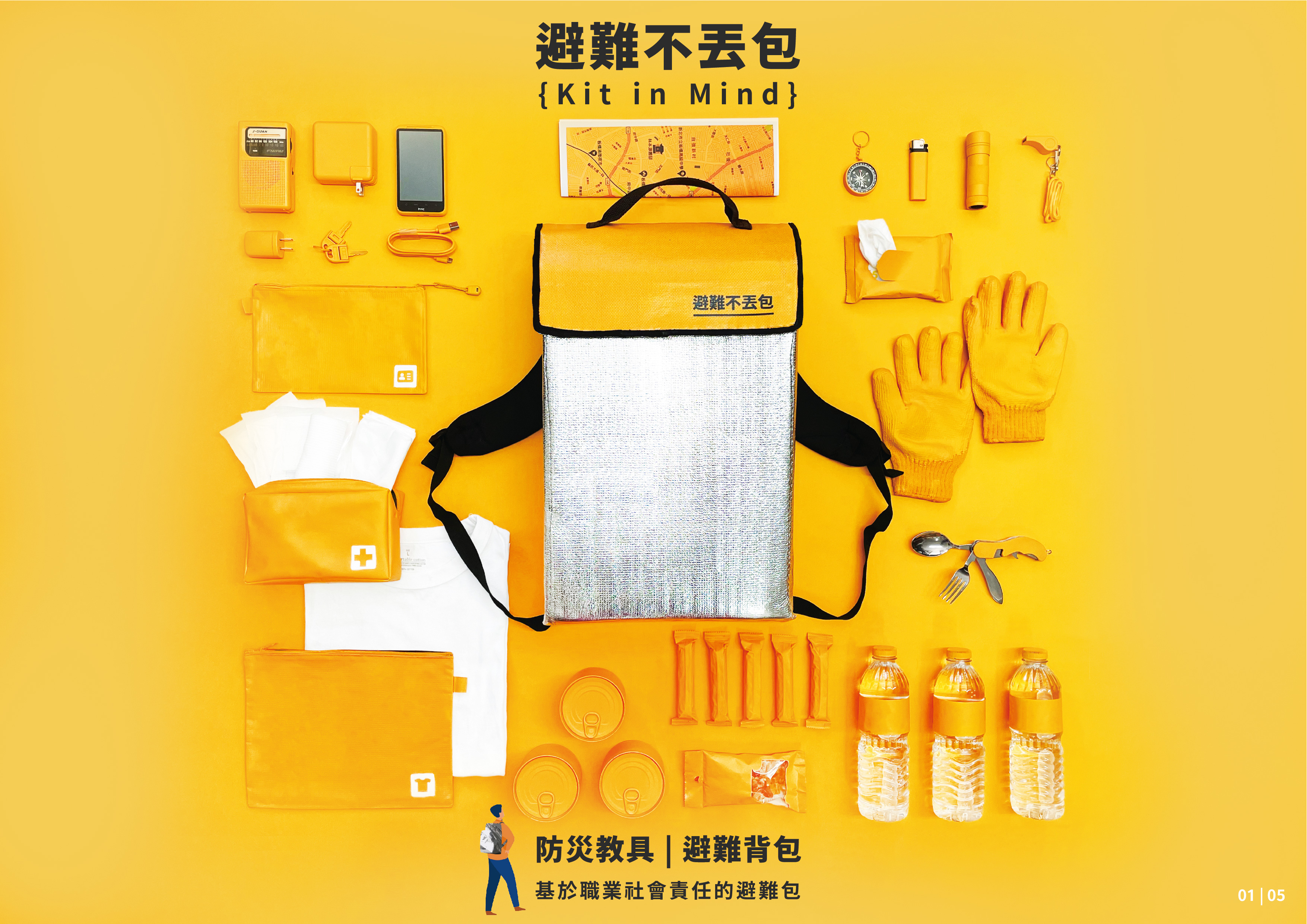 引導式視覺設計，易於傳達防災避難包的觀念，以及方便準備內容物。