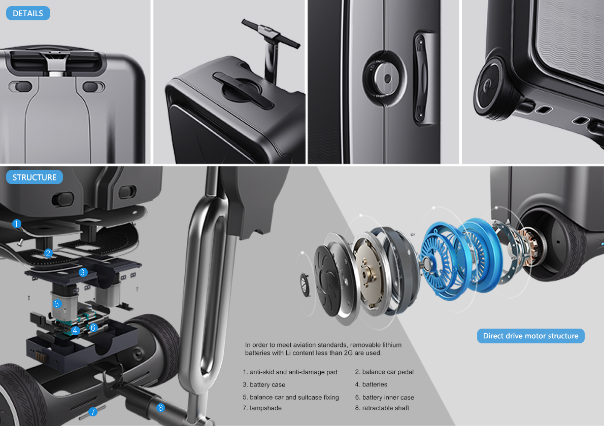 我們也可以將行李箱從驅動器上卸下來，將它變成一台平衡車。行李箱放好以後，我們就可以在戶外駕駛這台平衡車。 它簡單時尚的造型，和健康以及綠色旅行的生活概念相契合。