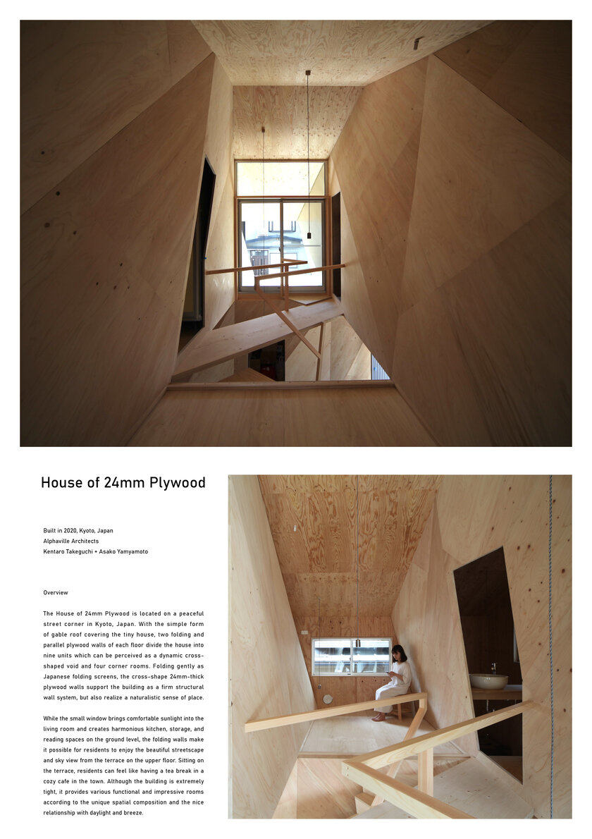 24mm夾板屋 (The House of 24mm Plywood) 位在日本京都市一個寧靜的街角。簡單的山牆屋頂覆蓋在小小的房子之上，每一樓層折疊平行的夾板牆將房子隔成了九個單位。