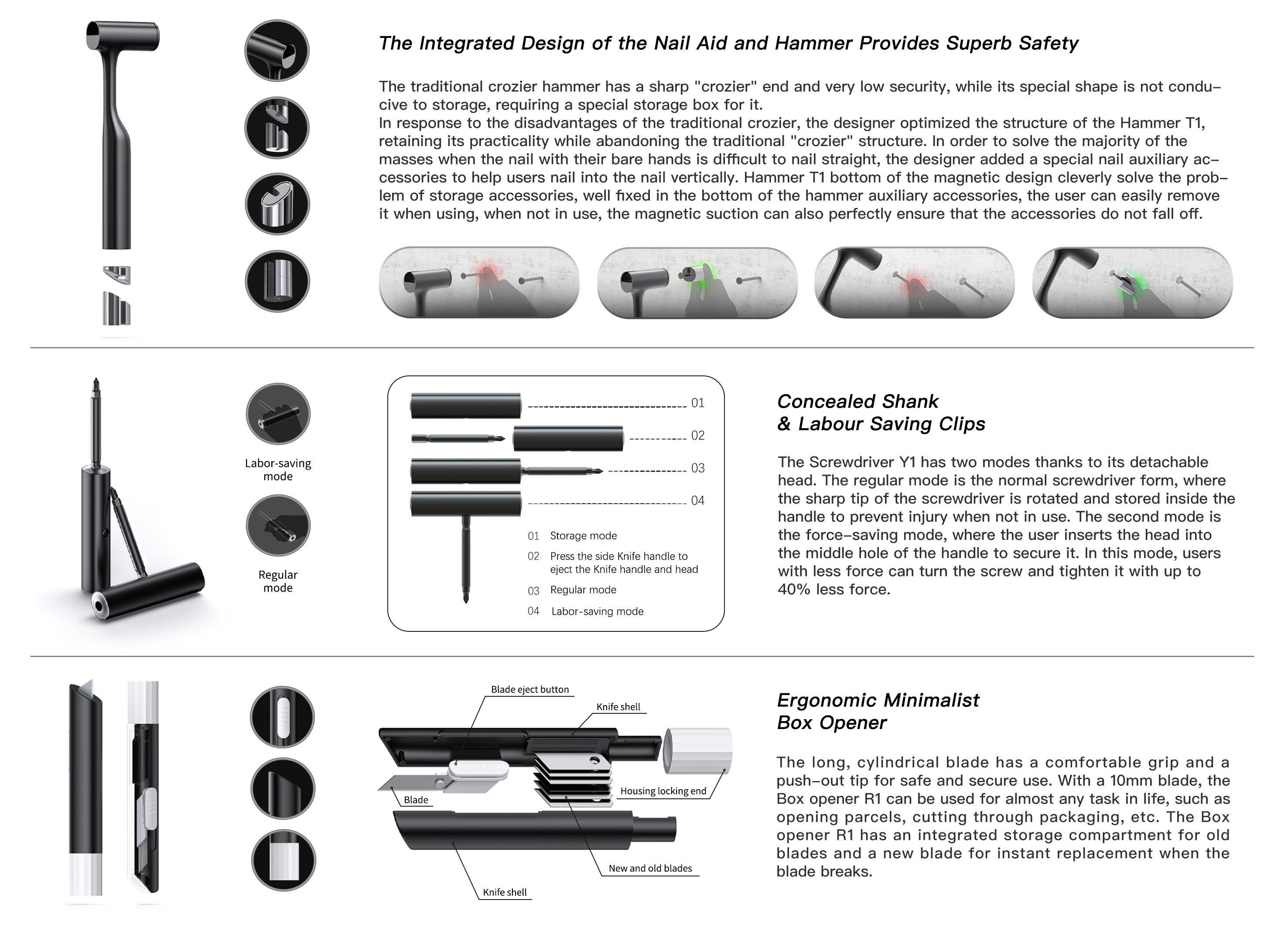 優化結構及增加錘釘輔助配件的羊角錘、可收納刀頭的雙頭安全螺絲刀以及帶有安全長度刀片的開盒刀